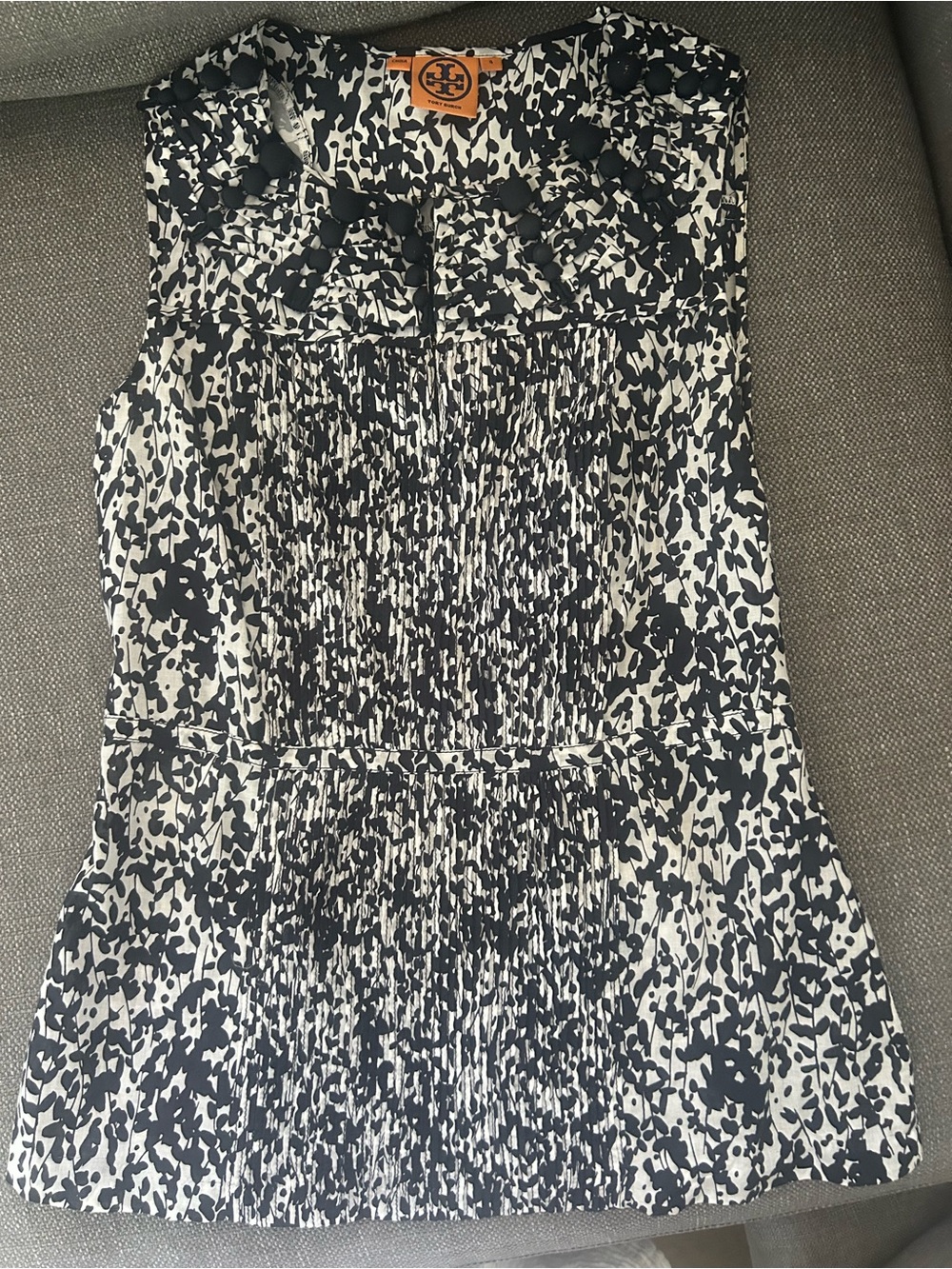 Tory Burch Black and White Printed Smocked Sleeveless blouse